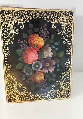 Vintage Tin Box Container England Floral Flowers Black with Gold Trim 9x7”